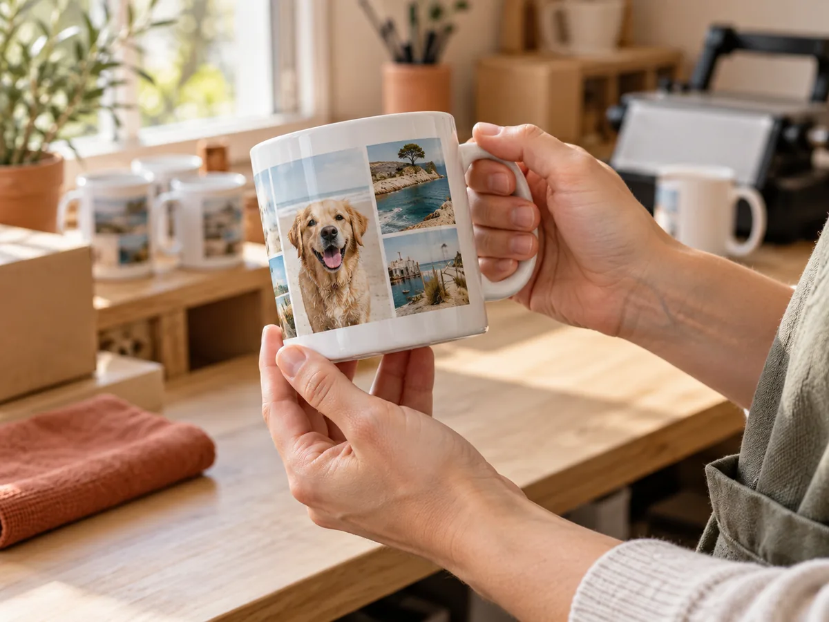 Un mug photo terminé tenu dans les mains pour vérification