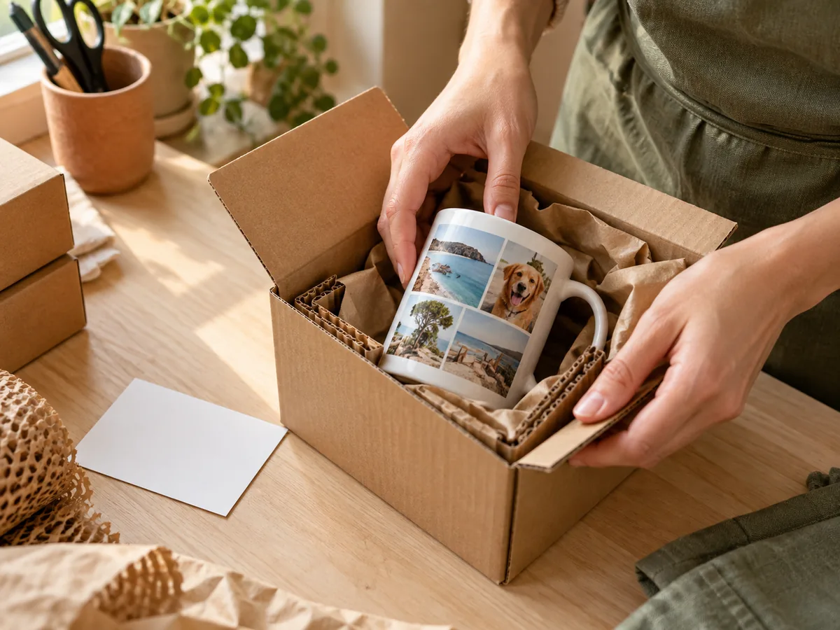 Un mug photo calé dans une boîte en carton kraft