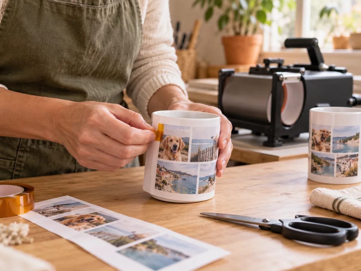 Pose du transfert autour d’un mug avant le passage sous la presse